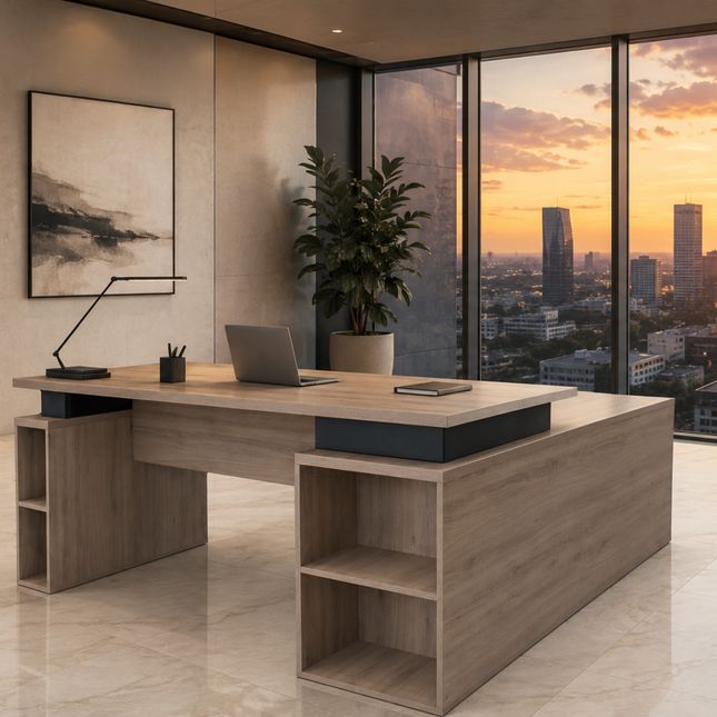 Escritorio Directivo en L de 1.80m con Credenza, Gavetas y Archivero de 2 Cajones.