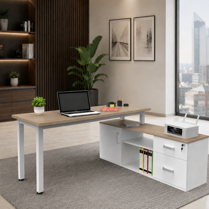Escritorio Ejecutivo en L de 1.50m con credenza, repisa, gaveta y archivero de 2 cajones.