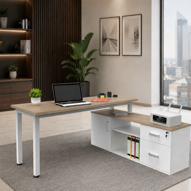 Escritorio Ejecutivo en L de 1.50m con credenza, repisa, gaveta y archivero de 2 cajones.