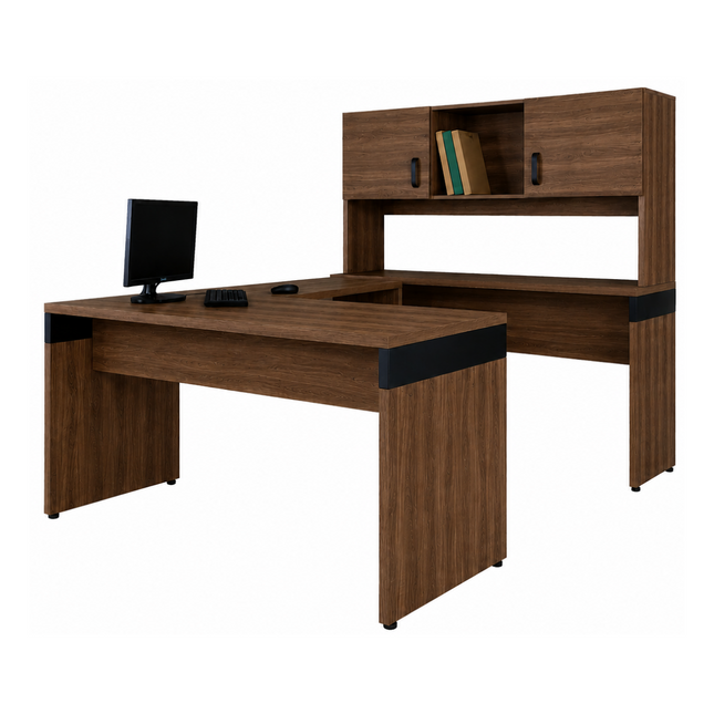 Escritorio Ejecutivo en U de 1.50m con Credenza y Librero de 2 Gavetas con Puertas