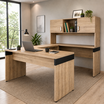 Escritorio Ejecutivo en U de 1.50m con Credenza y Librero de 2 Gavetas con Puertas