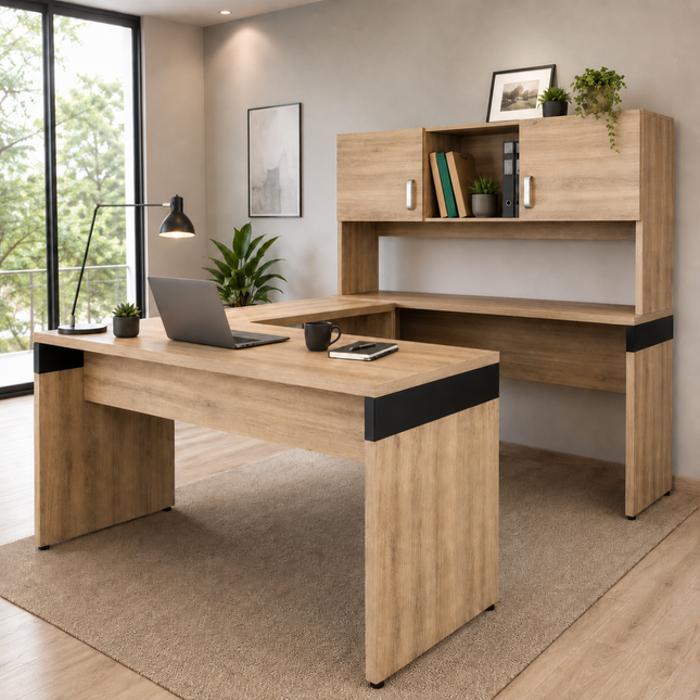 Escritorio Ejecutivo en U de 1.50m con Credenza y Librero de 2 Gavetas con Puertas