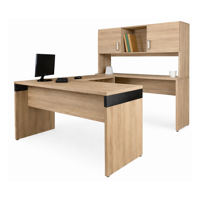 Escritorio Ejecutivo en U de 1.50m con Credenza y Librero de 2 Gavetas color Roble Mérida