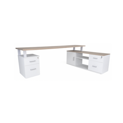 Escritorio Colaborativo de 2.40m con credenza, gaveta y archiveros de 2 cajones.