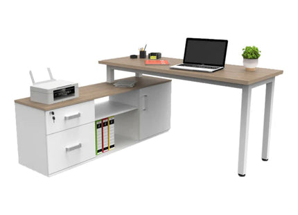 Escritorio Ejecutivo en L de 1.50 x 1.50 mts. con Credenza con 2 Cajones, Gaveta y Repisa.