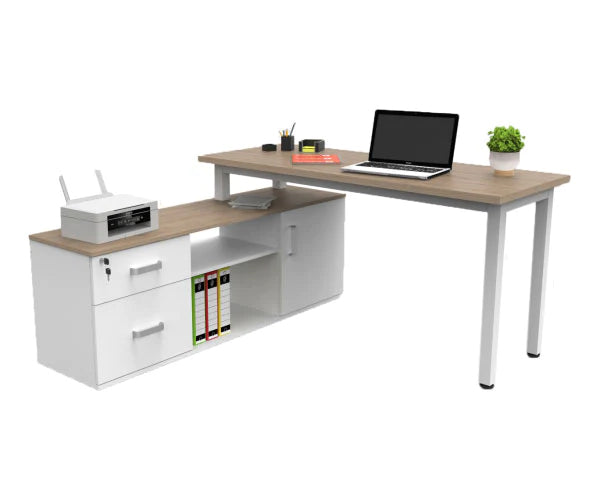 Escritorio Ejecutivo en L de 1.50 x 1.50 mts. con Credenza con 2 Cajones, Gaveta y Repisa.