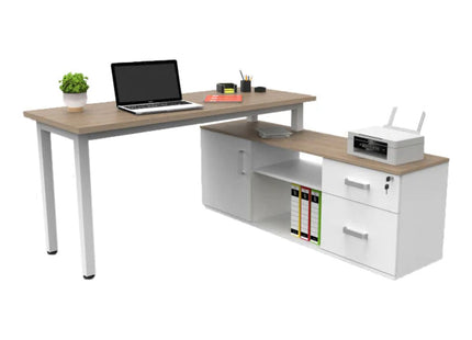 Escritorio Ejecutivo en L de 1.50 x 1.50 mts. con Credenza con 2 Cajones, Gaveta y Repisa.